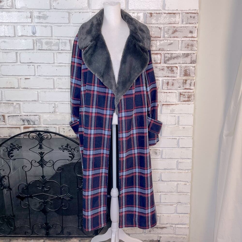 Victor Alfaro Collective Oversized Plaid Faux Fur Collar Trench Coat XL